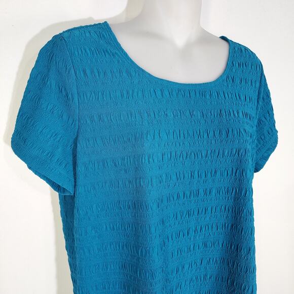 East 5th Womens Top Textured Stretch Blue Blouse Short Sleeve Round Neck Large - Picture 3 of 8